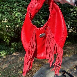 NWOT Cherry Red Leather Western Fringe Hobo Bag